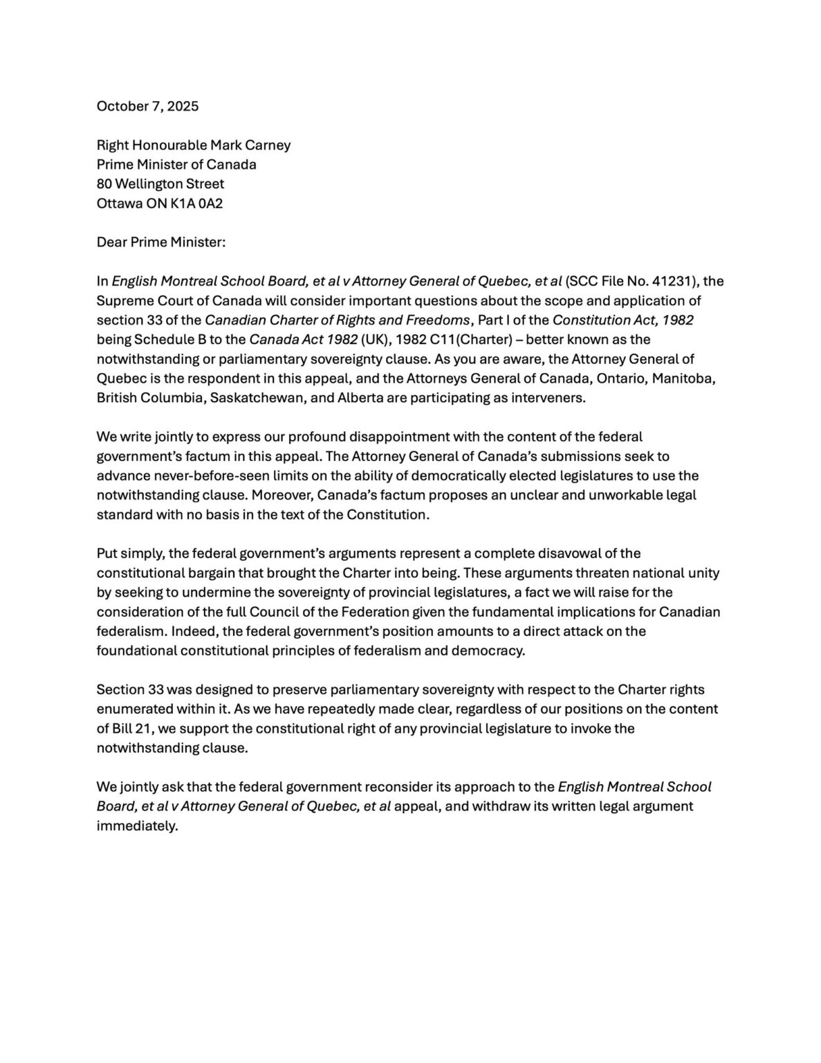 Conservative premiers ask PM Carney to withdraw court submission to ...